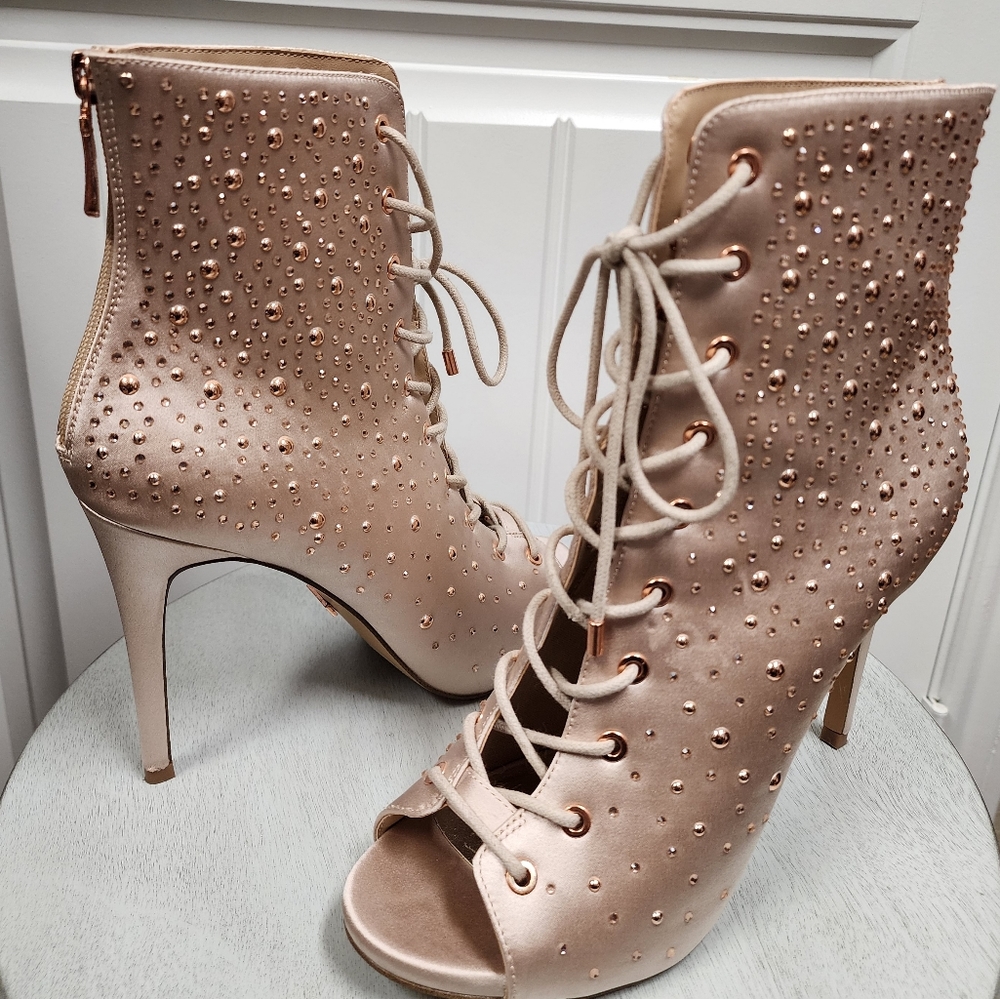 Bebe Pink Sparkly Peek-a-boo Lace Up Booties